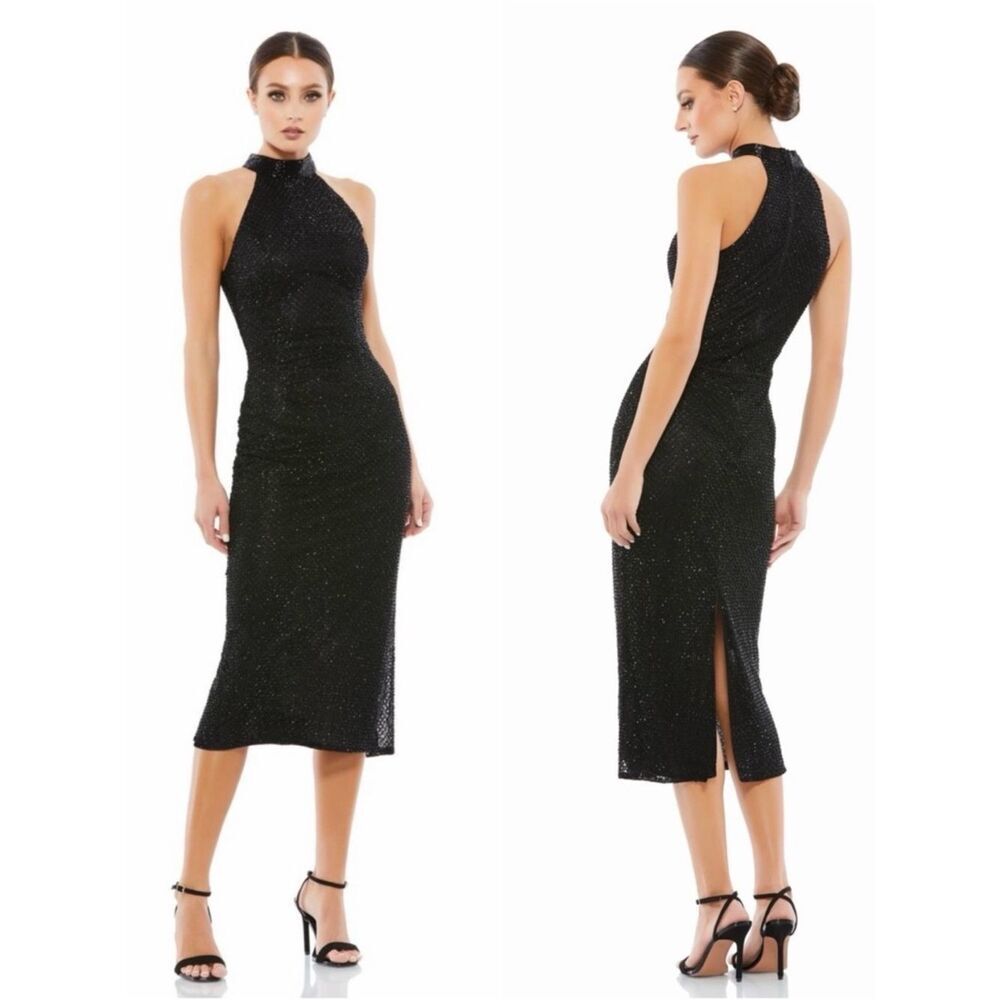 Mac Duggal Black High Neck Halter Beaded Midi Dress/Gown 12 Wedding Formal 5531